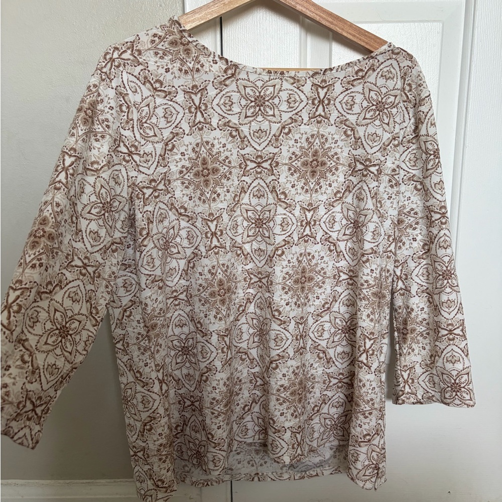 Women's Cream Long Sleeve Tee with Brown Floral Medallion Print